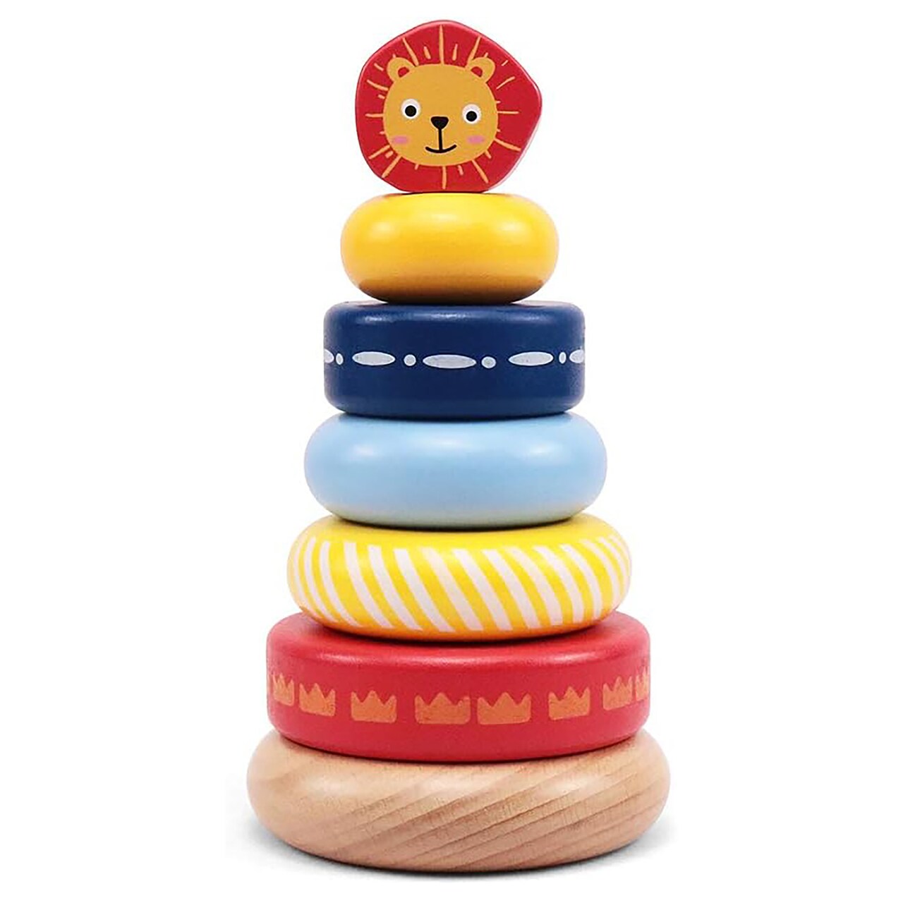 LEO & FRIENDS: Wooden Stacking Ring Toy - Coloful Tower, Leo The Lion Animal Topper, Sorting, Montessor, Early Development, Baby-Toddler-Kid Age 12mo+